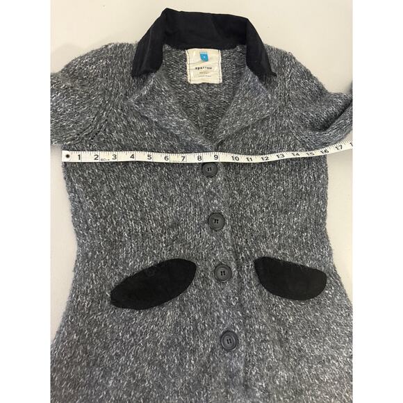 Anthropologie Sparrow Black Velvet Corduroy Trim Elbow Patch Gray Wool Cardigan - Picture 5 of 6